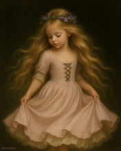 Load image into Gallery viewer, A young girl with flowing golden hair in a soft pink dress and flower crown, mid-dance, in a classical fine art portrait inspired by Rapunzel.