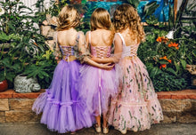 Load image into Gallery viewer, Le Jardin des Papillons Full Embroidery (chest and skirt with plain tulle sleeves) Lavender or Pink (or custom color) Maxi Tulle Dress
